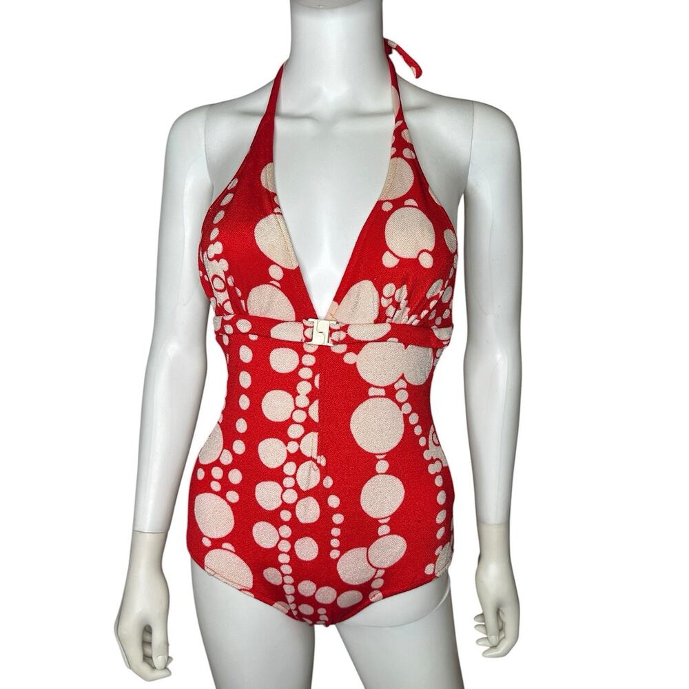 Vintage 1960s Mod Graphic Bubble Print Halter Swimsuit - Red & Cream XS S Knit